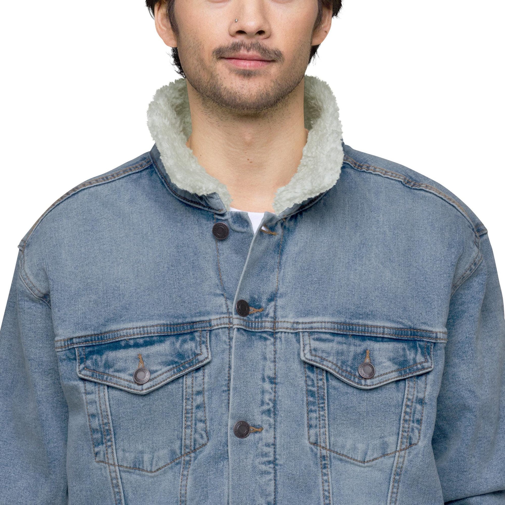 Sunset & Saguaro Denim Sherpa Jacket | Unisex Western-Inspired Outerwear | Sunset and Cactus Embroidery
