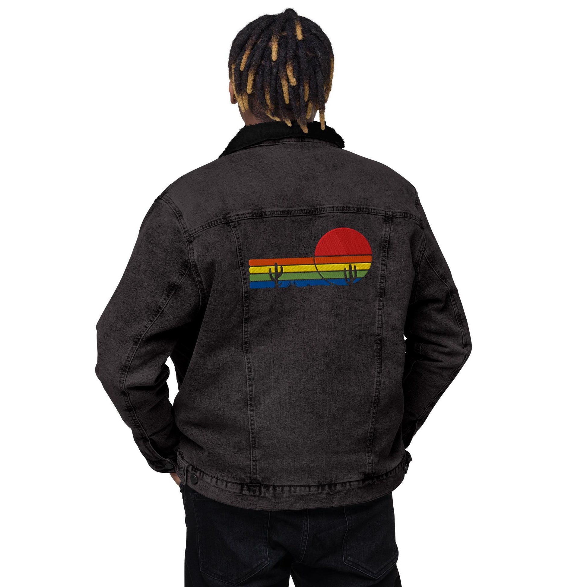 Sunset & Saguaro Denim Sherpa Jacket | Unisex Western-Inspired Outerwear | Sunset and Cactus Embroidery