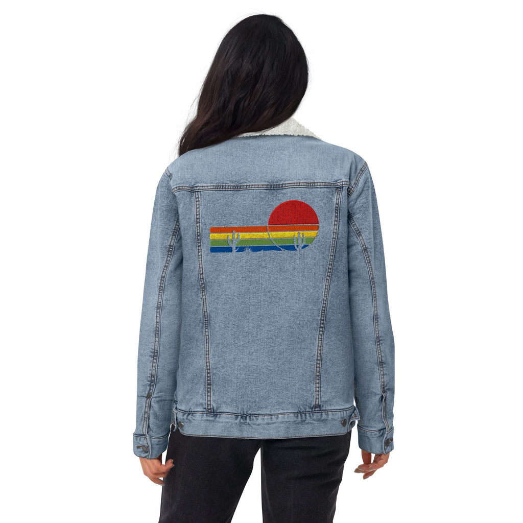 Sunset & Saguaro Denim Sherpa Jacket | Unisex Western-Inspired Outerwear | Sunset and Cactus Embroidery