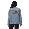 Sunset & Saguaro Denim Sherpa Jacket | Unisex Western-Inspired Outerwear | Sunset and Cactus Embroidery