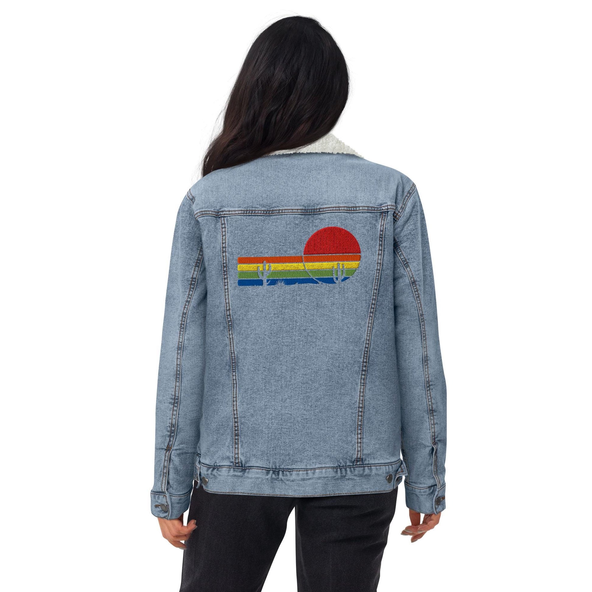 Sunset & Saguaro Denim Sherpa Jacket | Unisex Western-Inspired Outerwear | Sunset and Cactus Embroidery