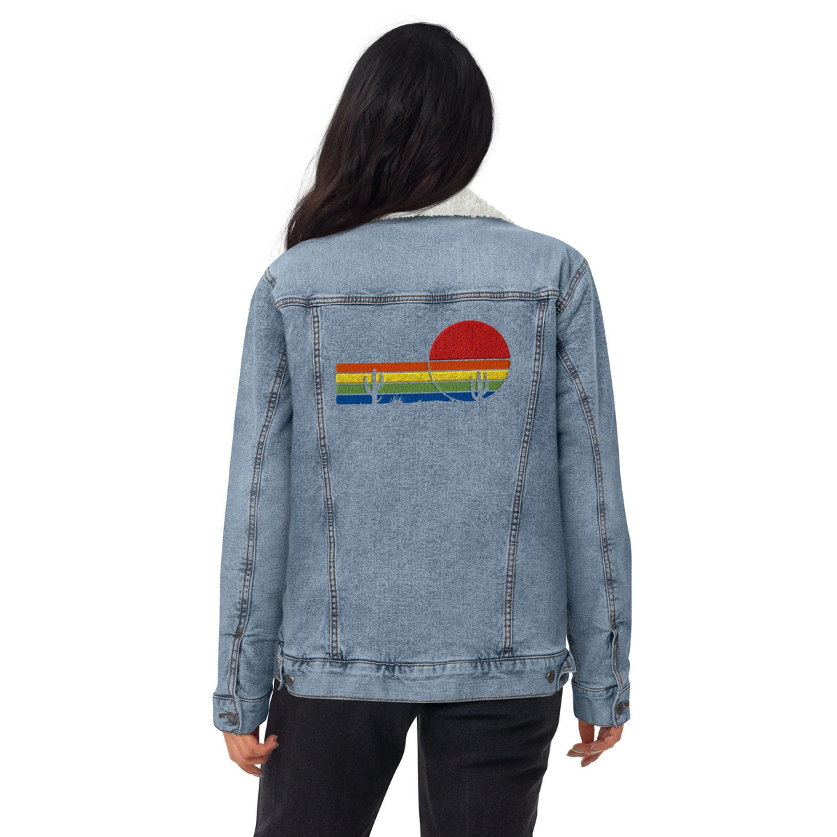 Sunset & Saguaro Denim Sherpa Jacket | Unisex Western-Inspired Outerwear | Sunset and Cactus Embroidery