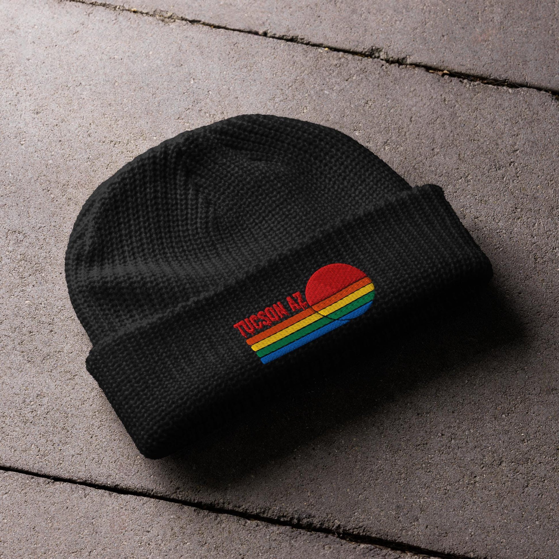 Tucson Knit Beanie | Fisherman Style with Colorful Sunset Embroidery | Sunset Tucson Beanie