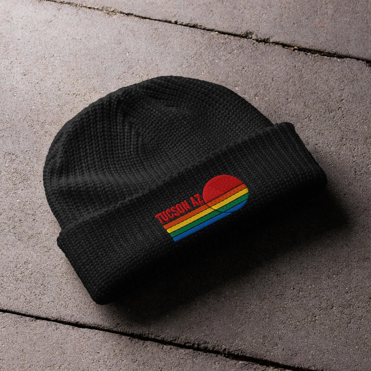 Tucson Knit Beanie | Fisherman Style with Colorful Sunset Embroidery | Sunset Tucson Beanie
