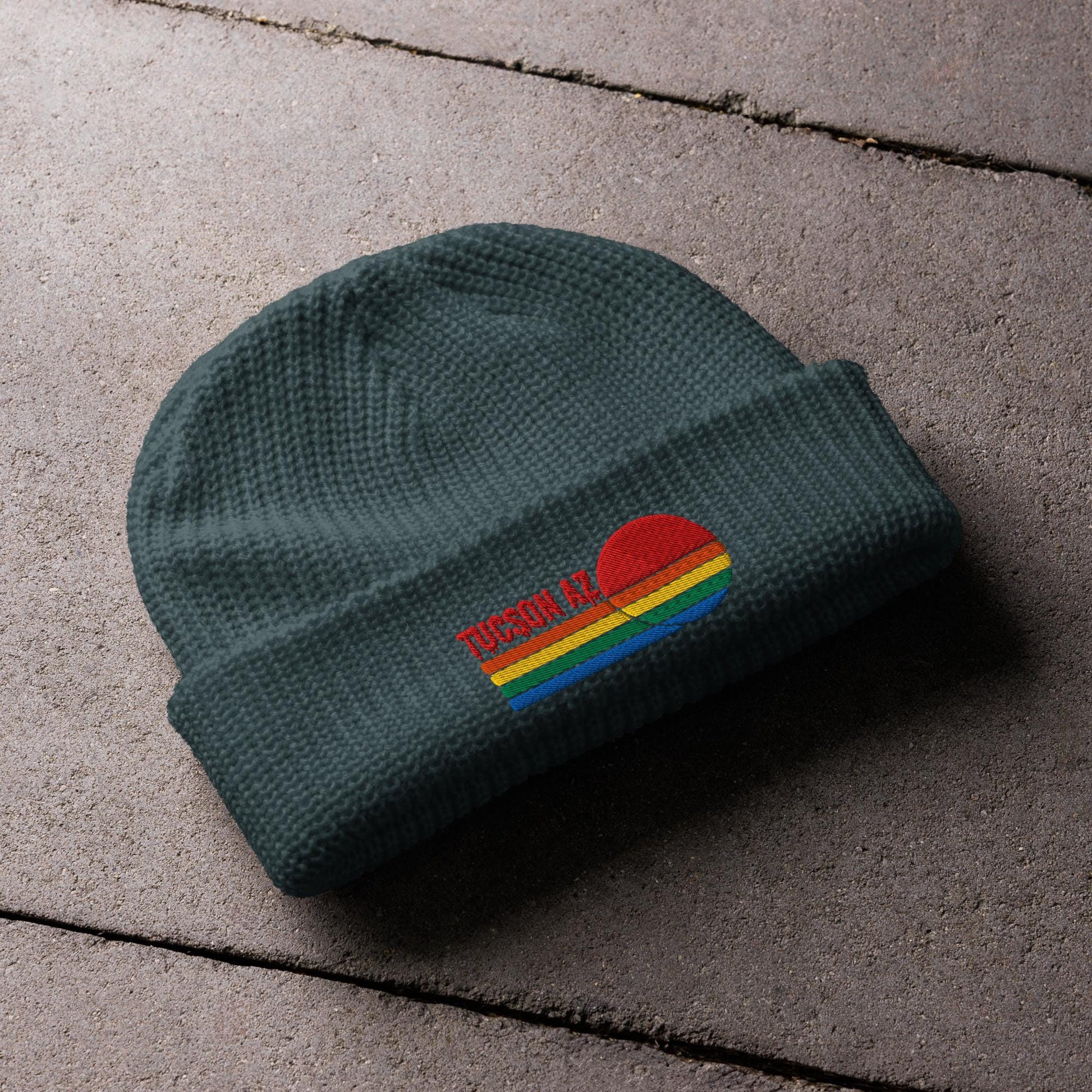 Tucson Knit Beanie | Fisherman Style with Colorful Sunset Embroidery | Sunset Tucson Beanie