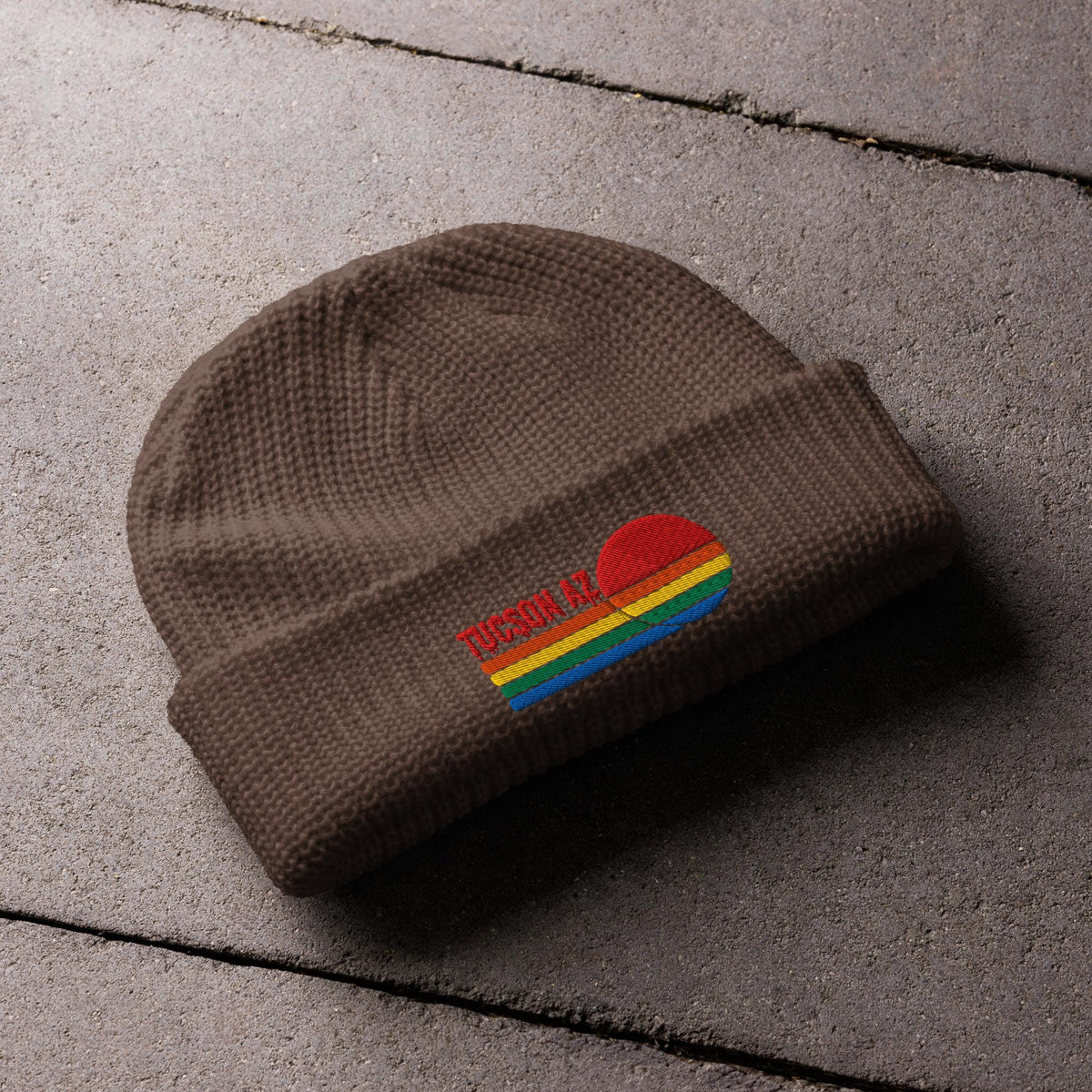 Tucson Knit Beanie | Fisherman Style with Colorful Sunset Embroidery | Sunset Tucson Beanie