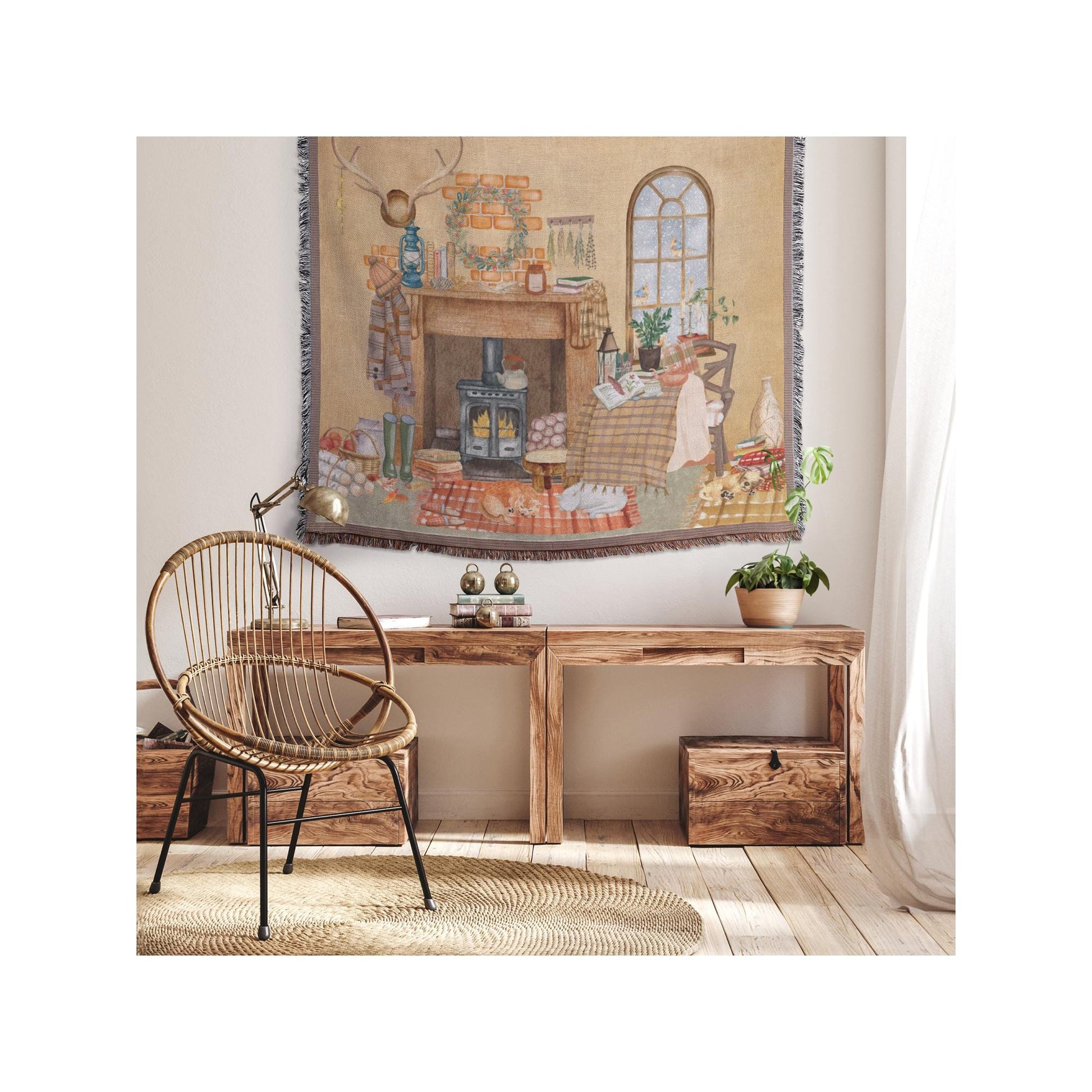 Cabincore Woven Blanket | Cozy Cottage Fireplace Scene | Rustic Cottagecore Decor Gift