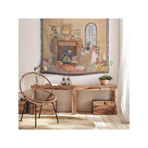 Cabincore Woven Blanket | Cozy Cottage Fireplace Scene | Rustic Cottagecore Decor Gift