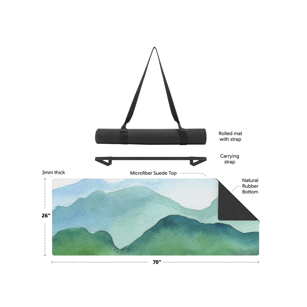 Watercolor Mountain Scene Yoga Mat | Eco-Friendly Design | Non-Slip Suede Top & Rubber Bottom | 70-Inch Mat with Carry Strap