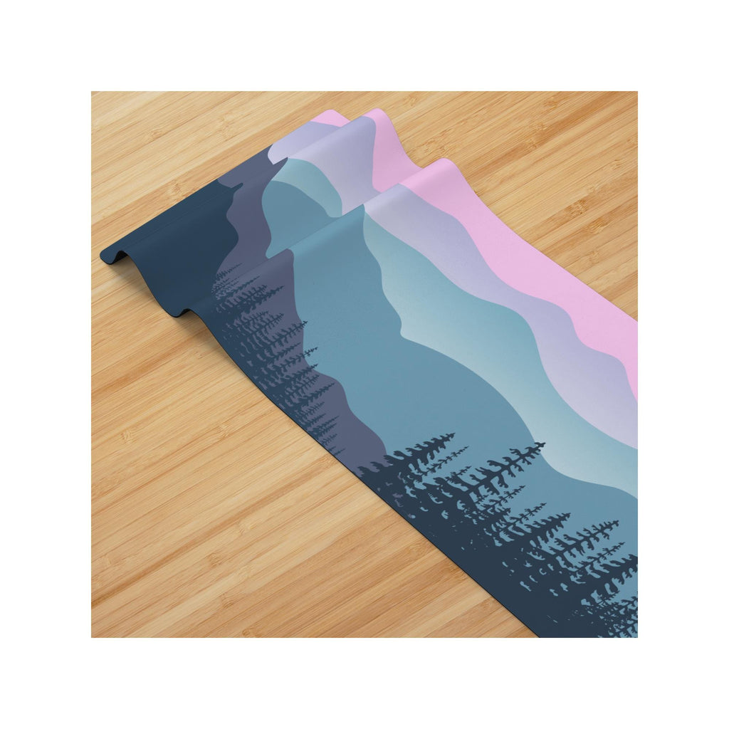 Mountain Scene Yoga Mat | Sunset Forest Design | Non-Slip Suede Top & Rubber Bottom | 70-Inch Mat with Carry Strap
