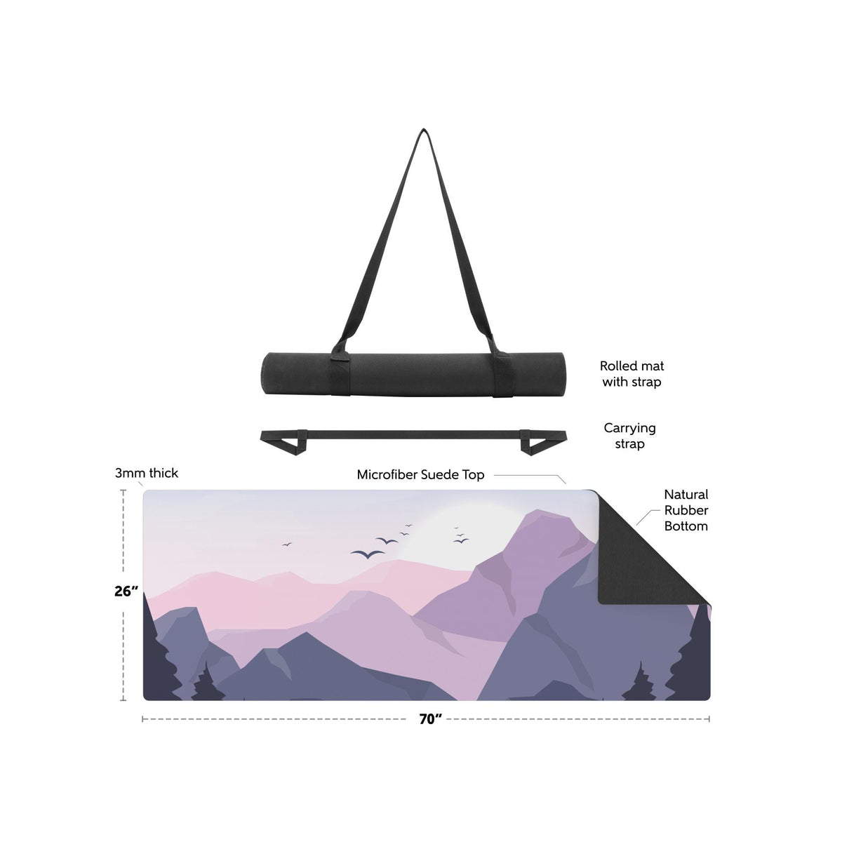 Mountain Yoga Mat | Sunrise Peaks Design with Birds | Non-Slip Suede Top & Rubber Bottom | 70-Inch Mat with Carry Strap