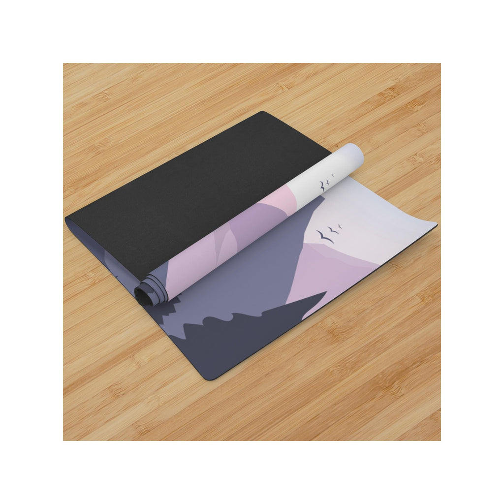 Mountain Yoga Mat | Sunrise Peaks Design with Birds | Non-Slip Suede Top & Rubber Bottom | 70-Inch Mat with Carry Strap