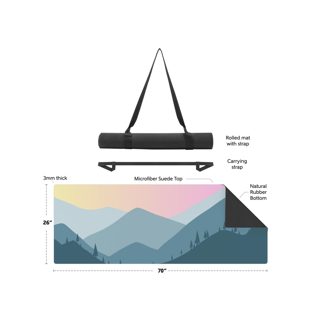 Mountain Forest Yoga Mat | Scenic Peaks and Pink Sky Design | Non-Slip Suede Top with Rubber Bottom | 70-Inch Mat & Carry Strap