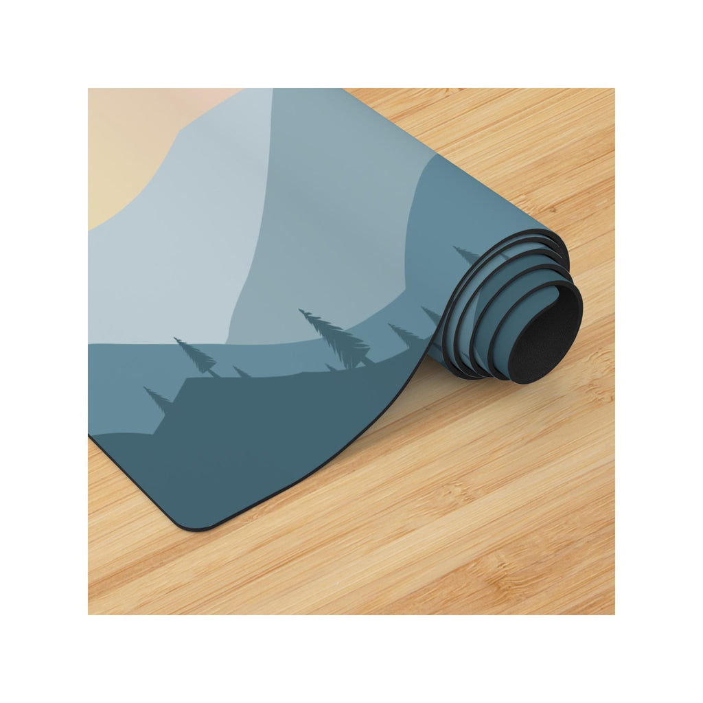 Mountain Forest Yoga Mat | Scenic Peaks and Pink Sky Design | Non-Slip Suede Top with Rubber Bottom | 70-Inch Mat & Carry Strap
