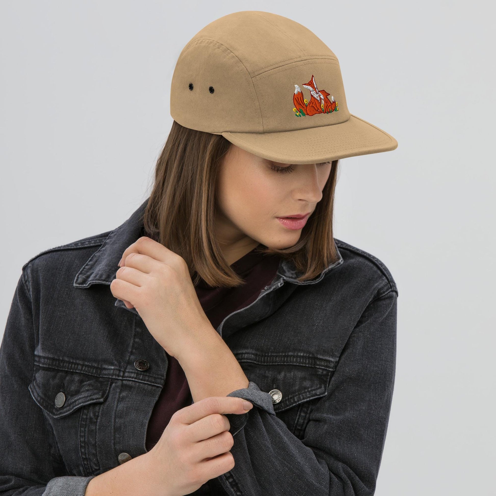 Embroidered Fox & Kit Five Panel Hat | Nature-Inspired Outdoor Cap for Nature Lovers | Camp Hat Gift