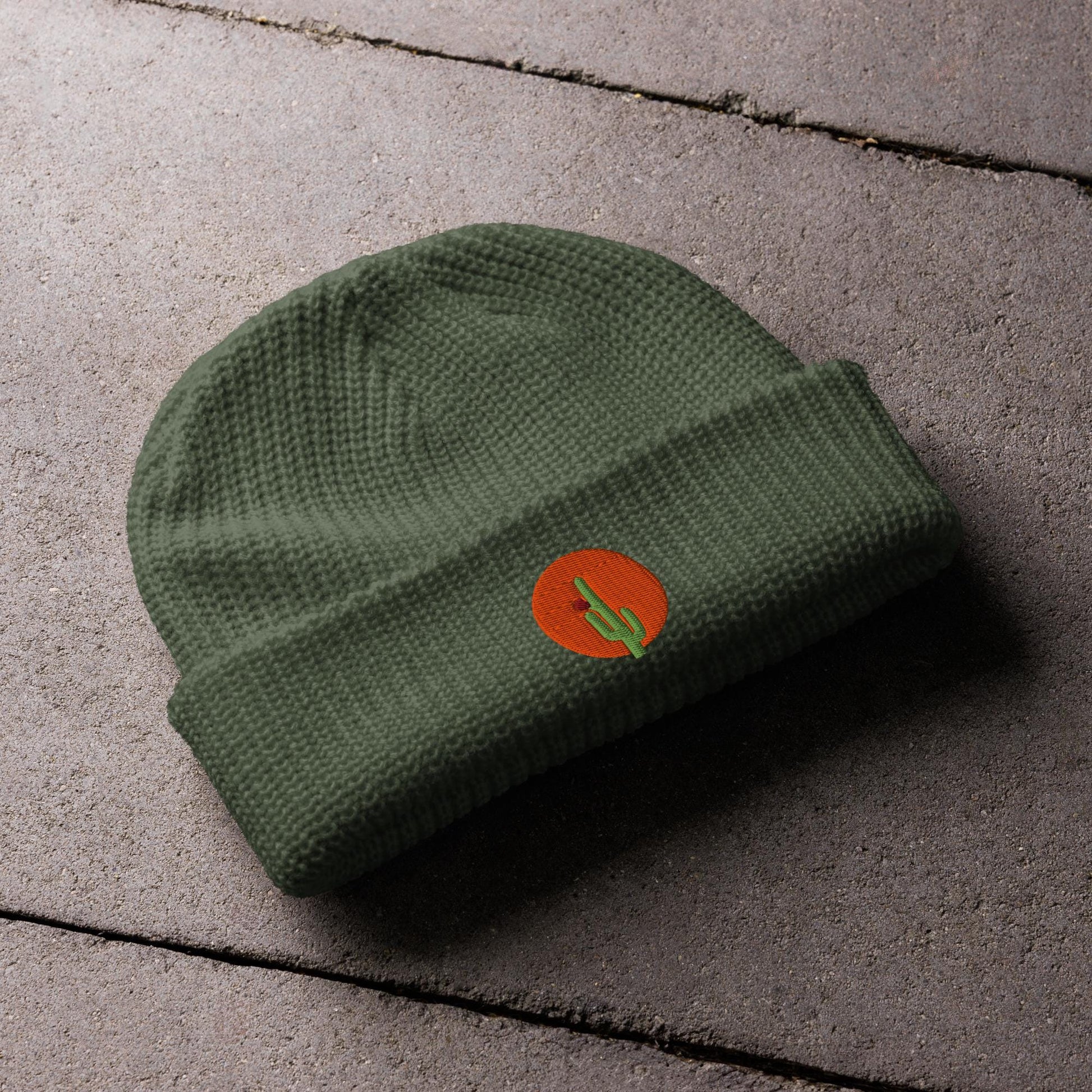 Saguaro Cactus Beanie | Embroidered Fisherman Winter Hat | Saguaro Bloom Design | Unique Cactus Knit Cap for Cold Weather