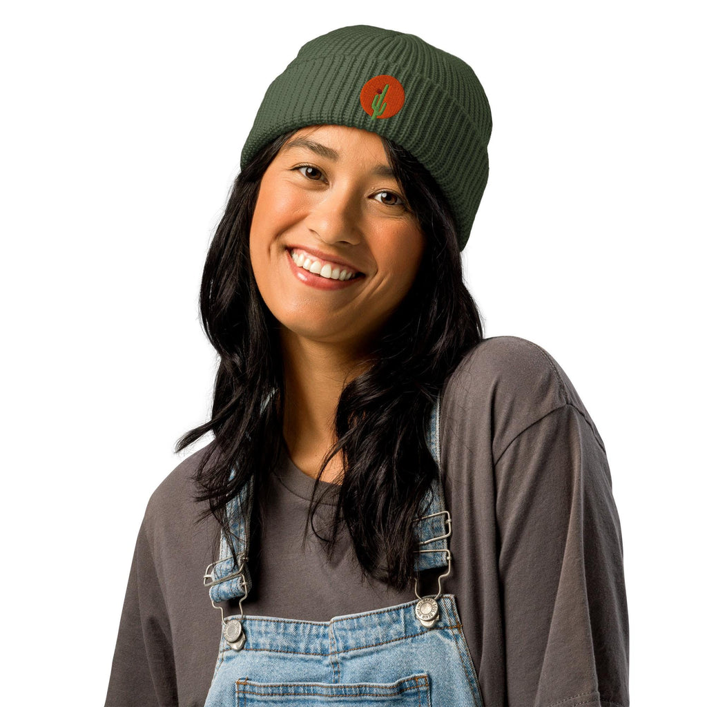 Saguaro Cactus Beanie | Embroidered Fisherman Winter Hat | Saguaro Bloom Design | Unique Cactus Knit Cap for Cold Weather