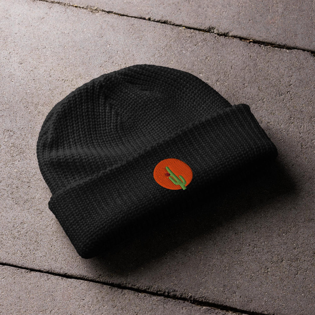 Saguaro Cactus Beanie | Embroidered Fisherman Winter Hat | Saguaro Bloom Design | Unique Cactus Knit Cap for Cold Weather