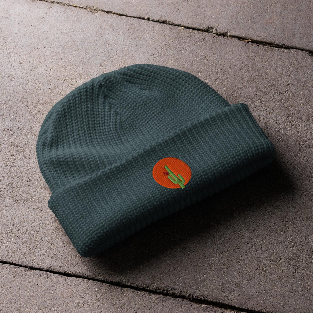 Saguaro Cactus Beanie | Embroidered Fisherman Winter Hat | Saguaro Bloom Design | Unique Cactus Knit Cap for Cold Weather
