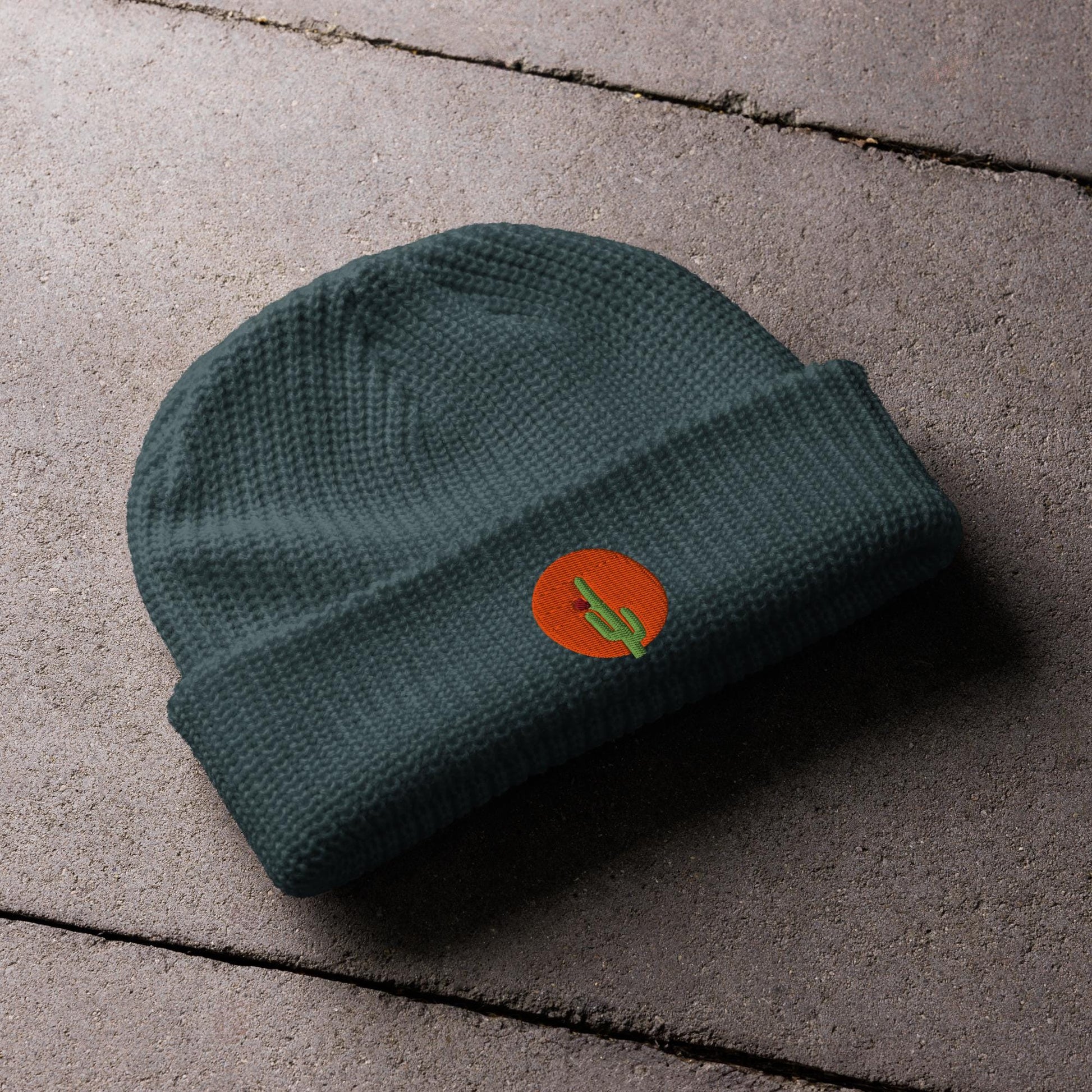 Saguaro Cactus Beanie | Embroidered Fisherman Winter Hat | Saguaro Bloom Design | Unique Cactus Knit Cap for Cold Weather