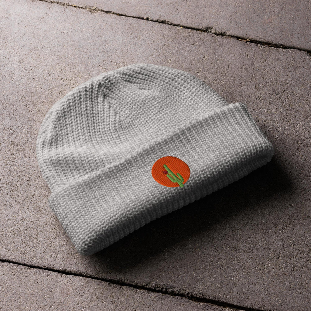 Saguaro Cactus Beanie | Embroidered Fisherman Winter Hat | Saguaro Bloom Design | Unique Cactus Knit Cap for Cold Weather