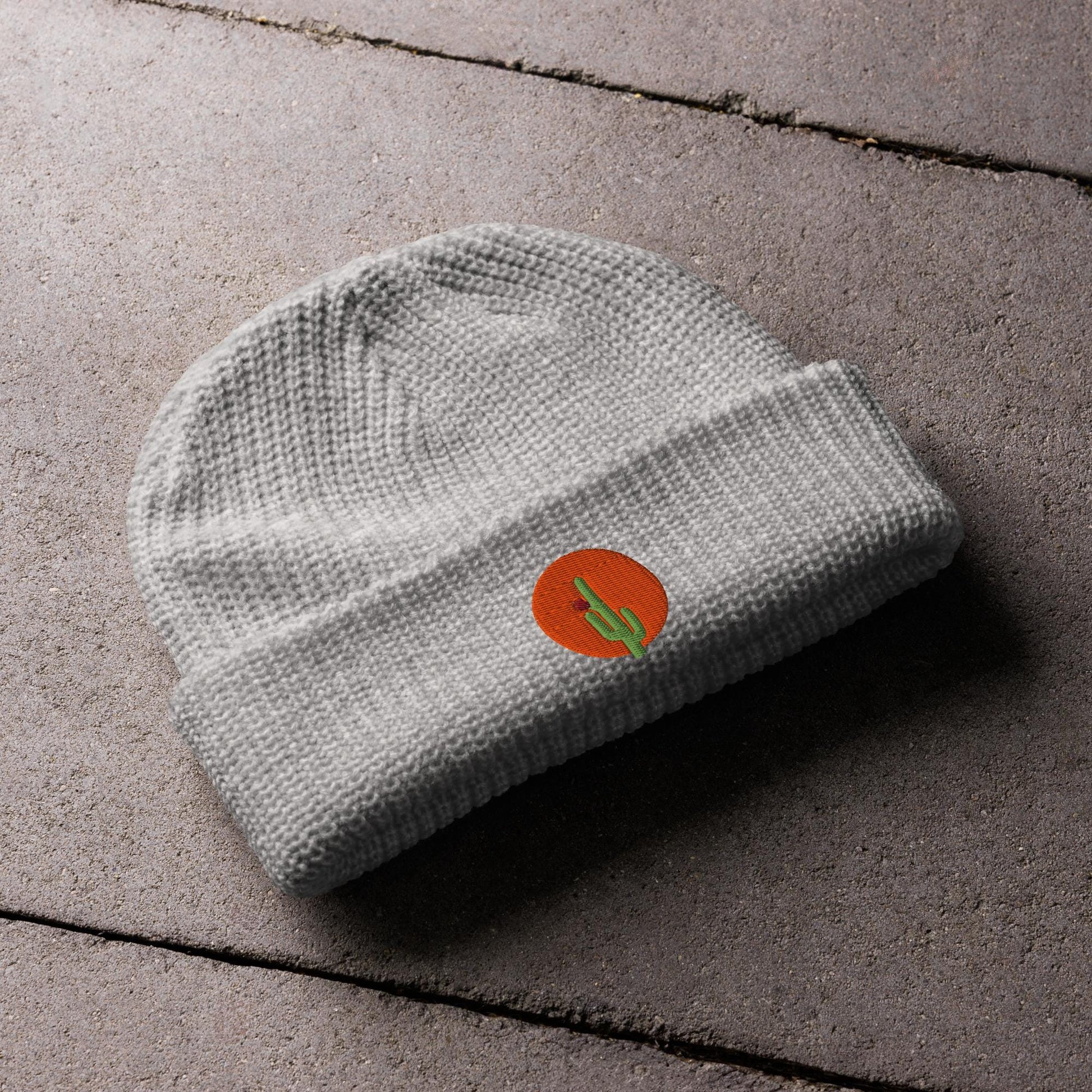 Saguaro Cactus Beanie | Embroidered Fisherman Winter Hat | Saguaro Bloom Design | Unique Cactus Knit Cap for Cold Weather