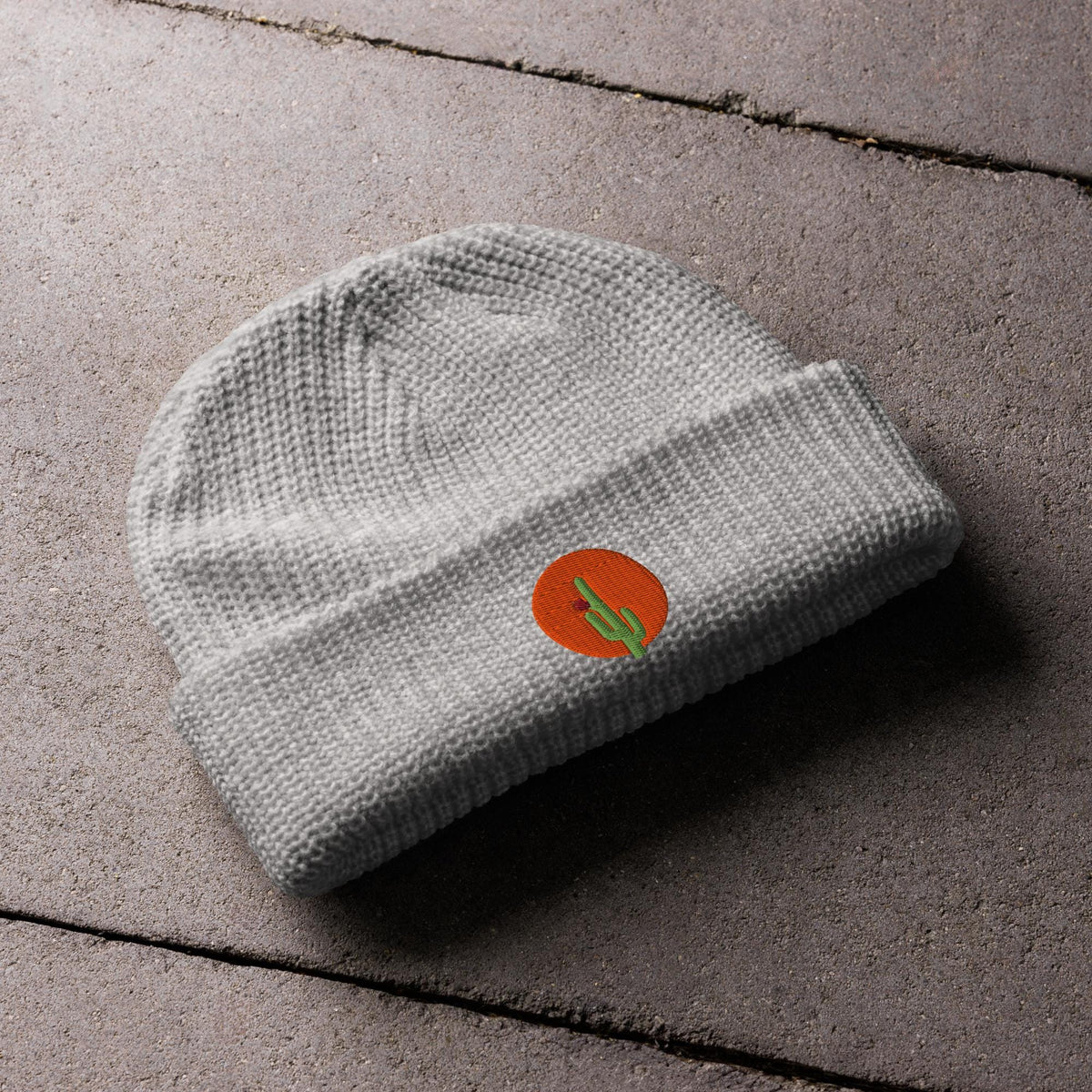 Saguaro Cactus Beanie | Embroidered Fisherman Winter Hat | Saguaro Bloom Design | Unique Cactus Knit Cap for Cold Weather