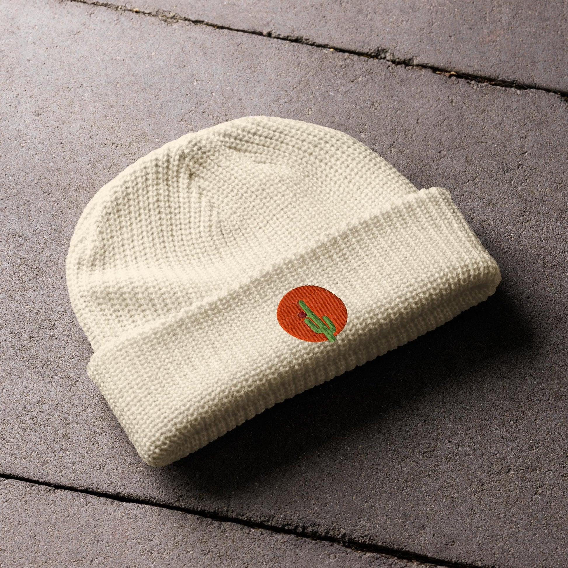 Saguaro Cactus Beanie | Embroidered Fisherman Winter Hat | Saguaro Bloom Design | Unique Cactus Knit Cap for Cold Weather