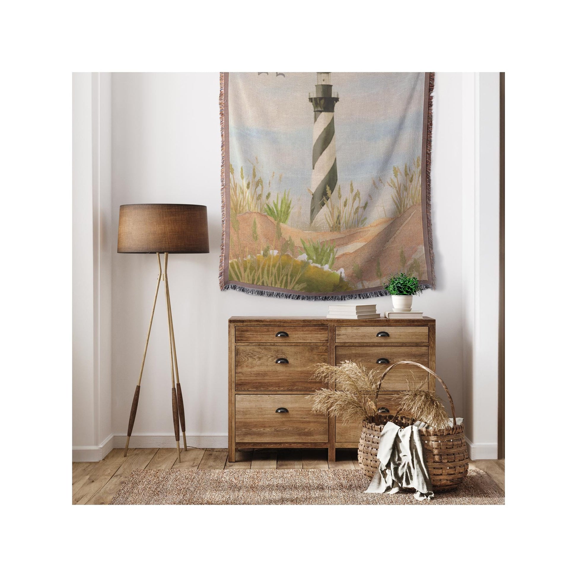 Cape Hatteras Lighthouse Throw Blanket | Outer Banks North Carolina Decor | Watercolor Coastal Woven Blanket | Lighthouse Gift Idea
