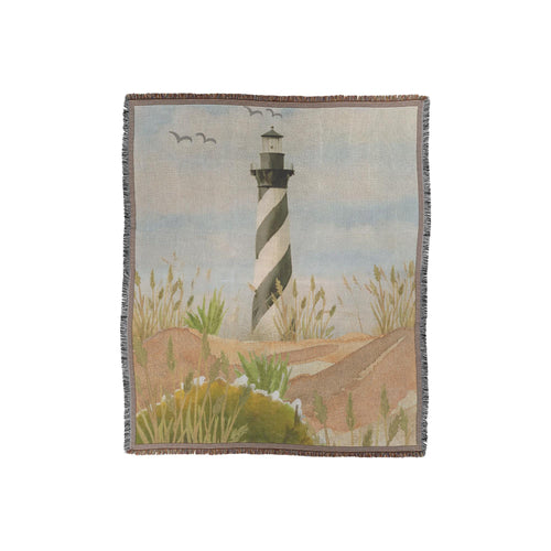 Cape Hatteras Lighthouse Throw Blanket | Outer Banks North Carolina Decor | Watercolor Coastal Woven Blanket | Lighthouse Gift Idea