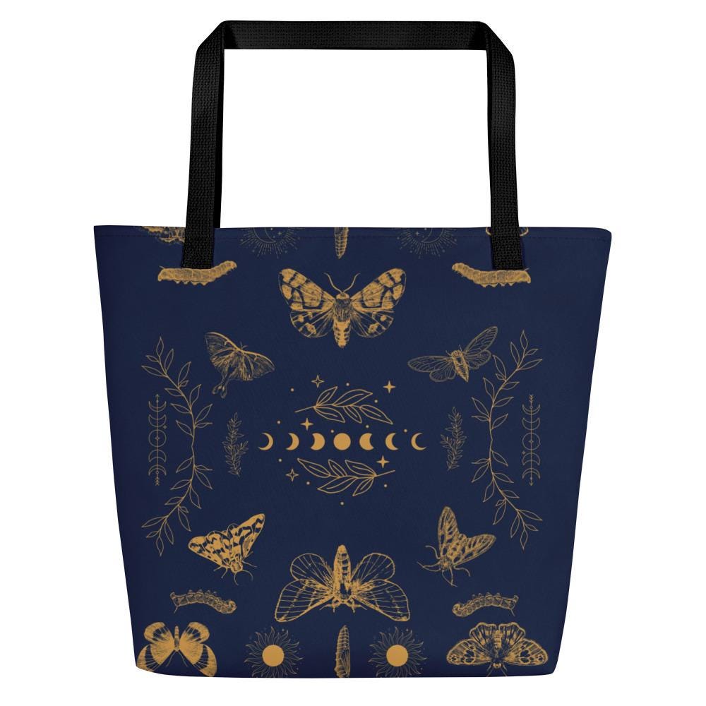 Celestial Boho Moths & Moon Phases Tote Bag Large | Eco-Friendly, Versatile Shopping Bag for Consciously Chic Style