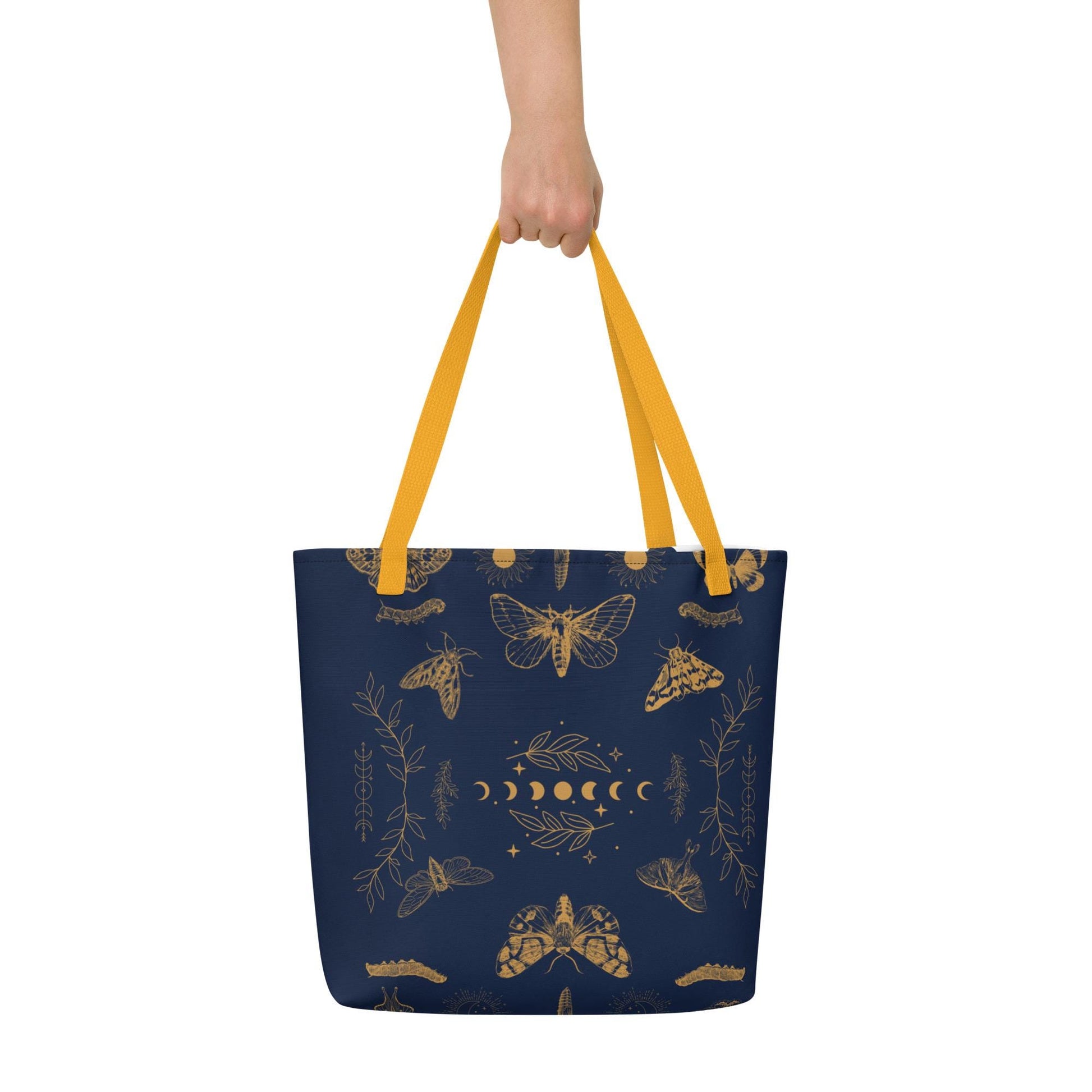 Celestial Boho Moths & Moon Phases Tote Bag Large | Eco-Friendly, Versatile Shopping Bag for Consciously Chic Style