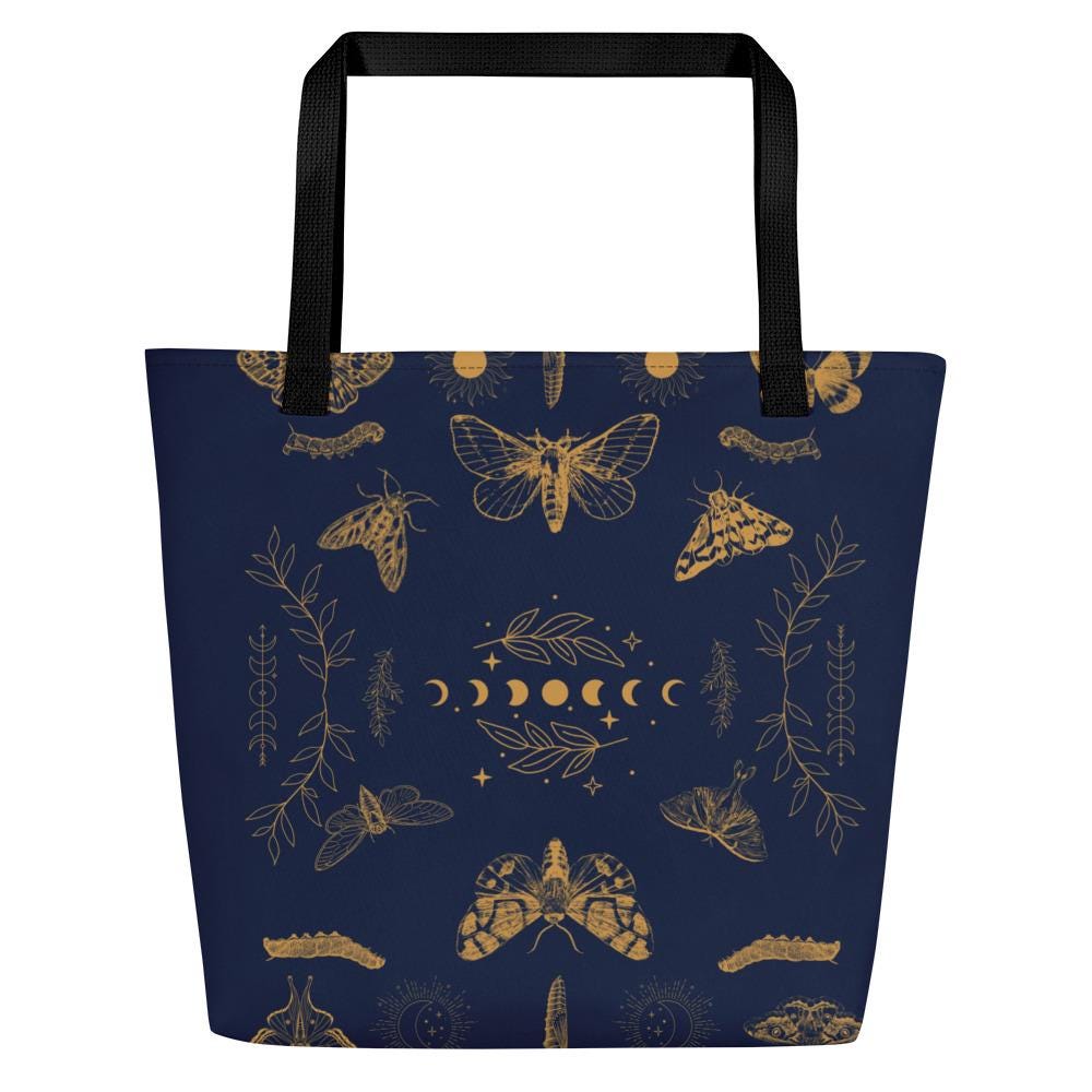 Celestial Boho Moths & Moon Phases Tote Bag Large | Eco-Friendly, Versatile Shopping Bag for Consciously Chic Style