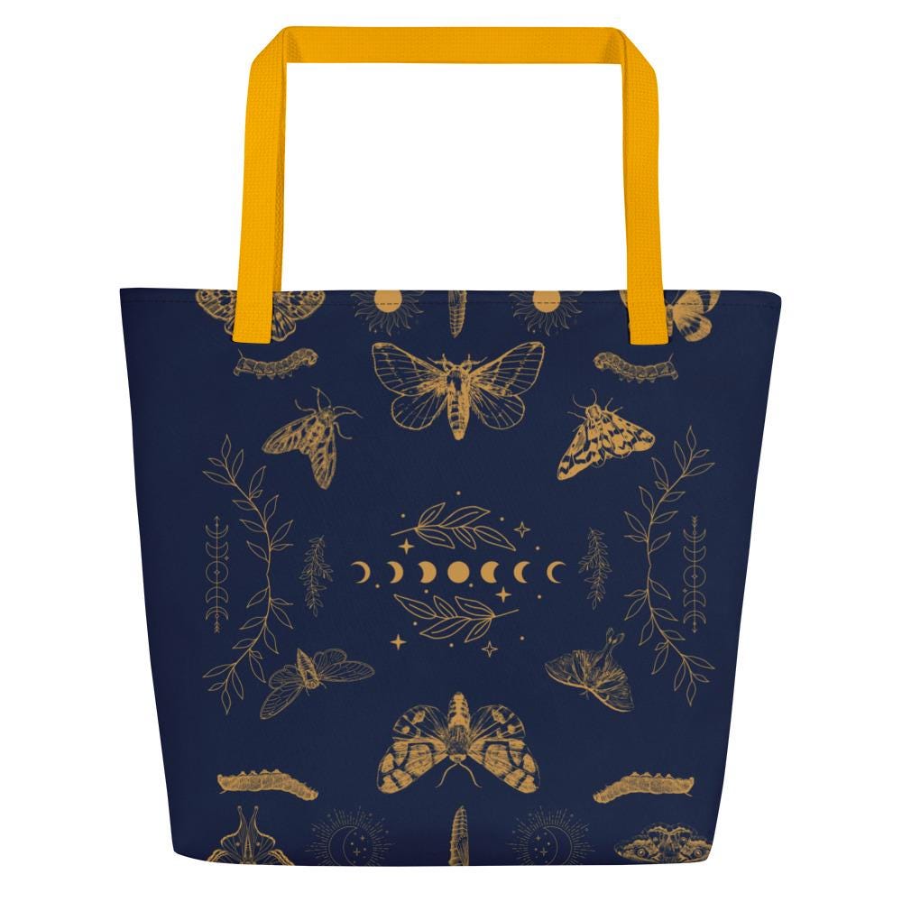 Celestial Boho Moths & Moon Phases Tote Bag Large | Eco-Friendly, Versatile Shopping Bag for Consciously Chic Style