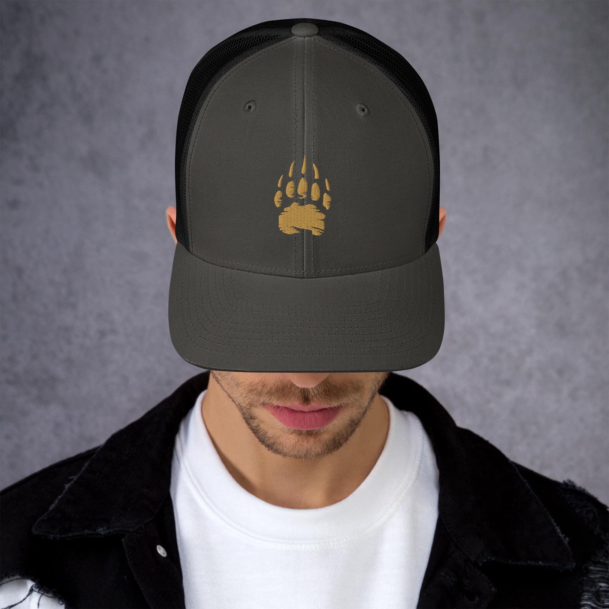 Bear Track Retro Trucker Cap | Vintage Style Embroidered Hat for Outdoor Adventures & Camping Gear | Adjustable Fit, Great Gift Idea