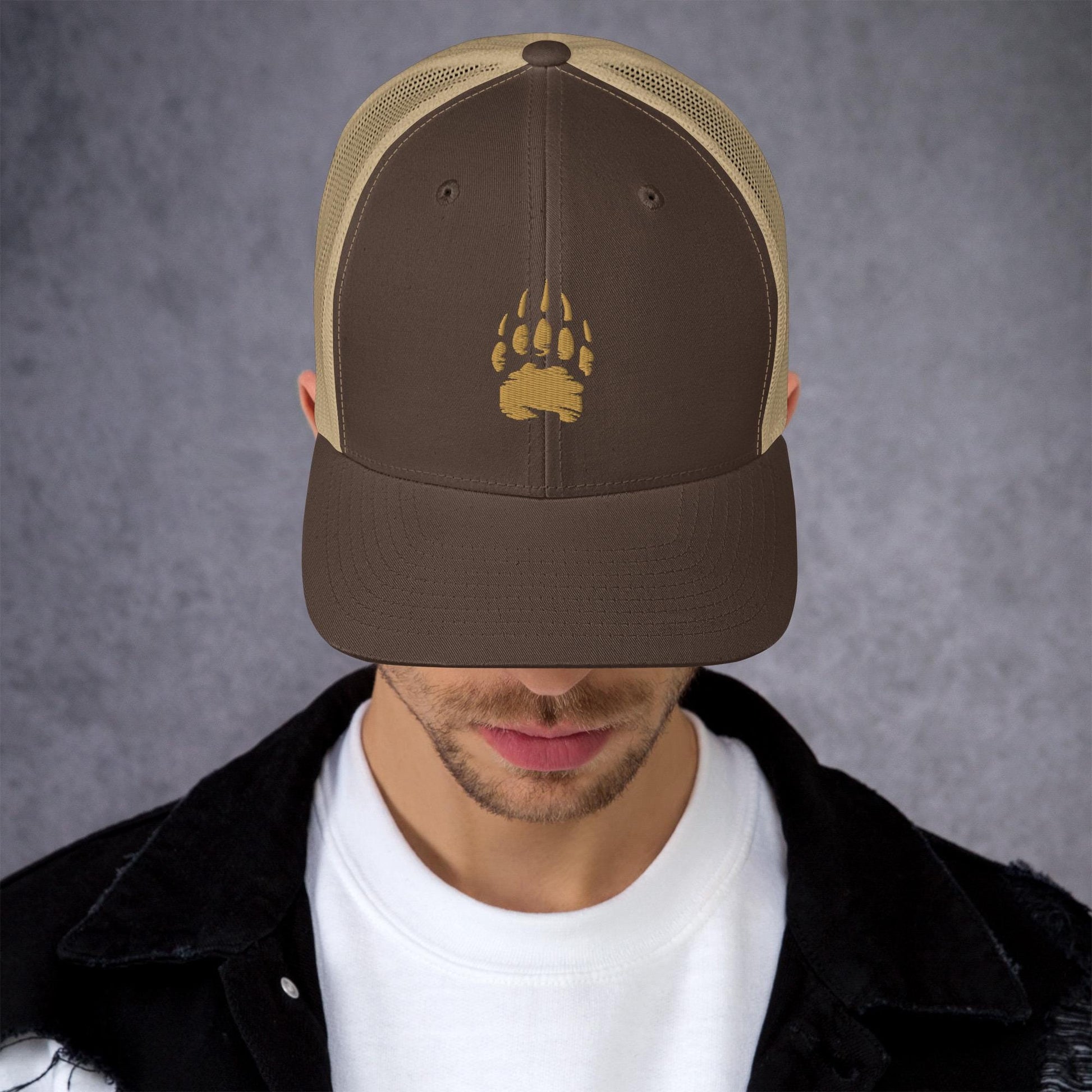 Bear Track Retro Trucker Cap | Vintage Style Embroidered Hat for Outdoor Adventures & Camping Gear | Adjustable Fit, Great Gift Idea