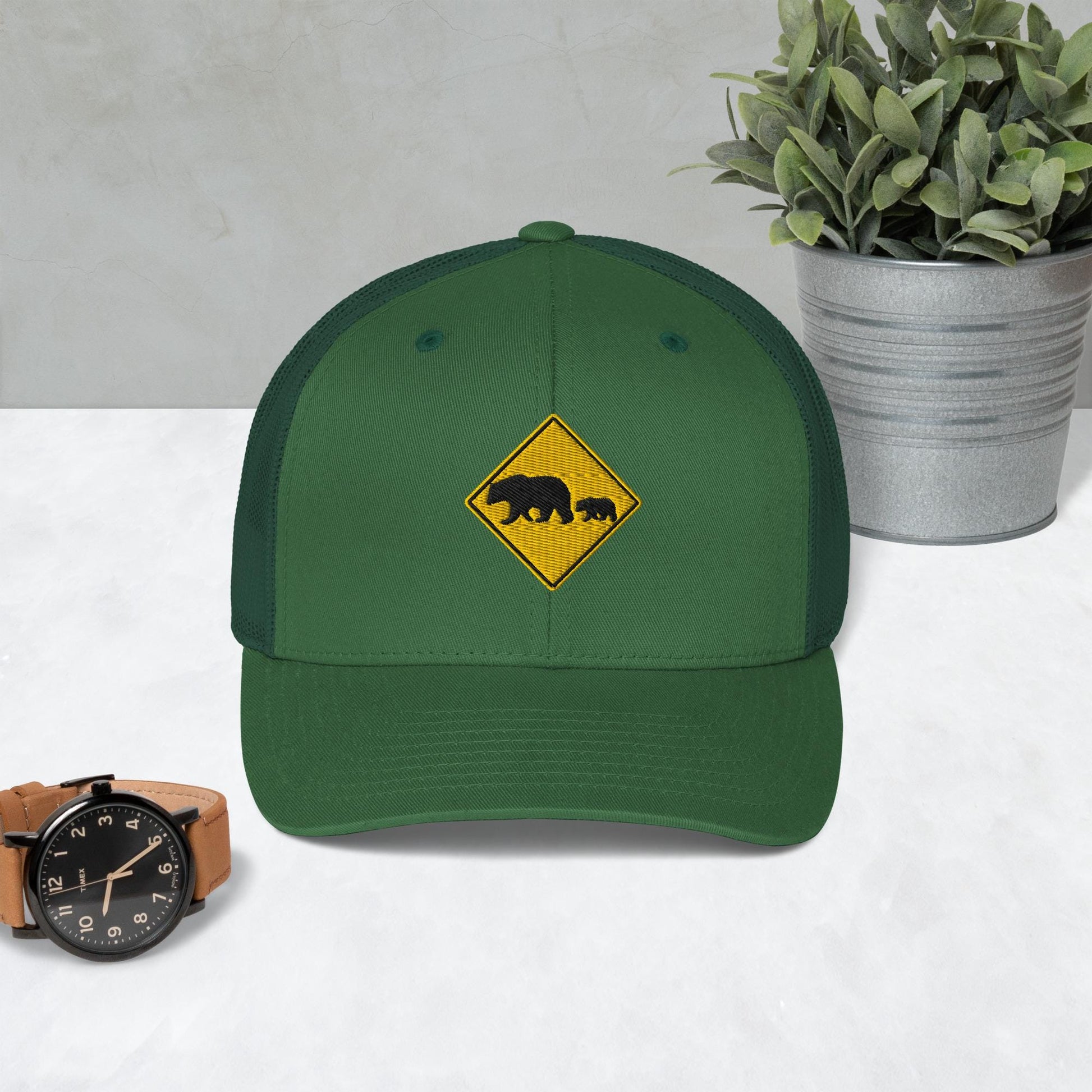 Bear Crossing Sign Embroidered Hat | Animal Print Retro Trucker Hat | Wildlife Lovers Gift | Gift For Bear Lovers and Nature Enthusiasts