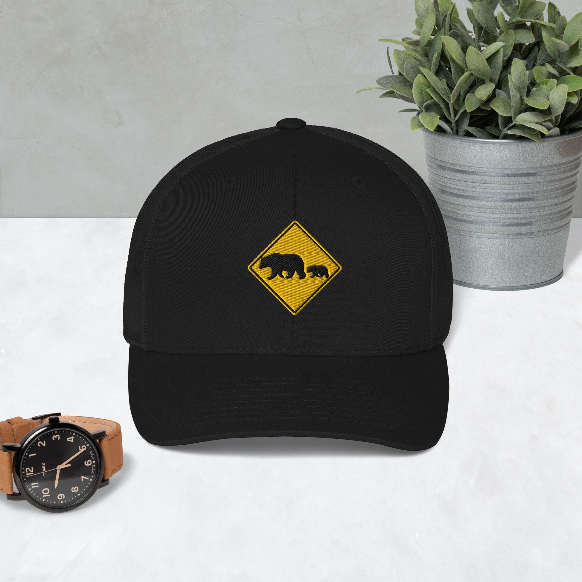 Bear Crossing Sign Embroidered Hat | Animal Print Retro Trucker Hat | Wildlife Lovers Gift | Gift For Bear Lovers and Nature Enthusiasts