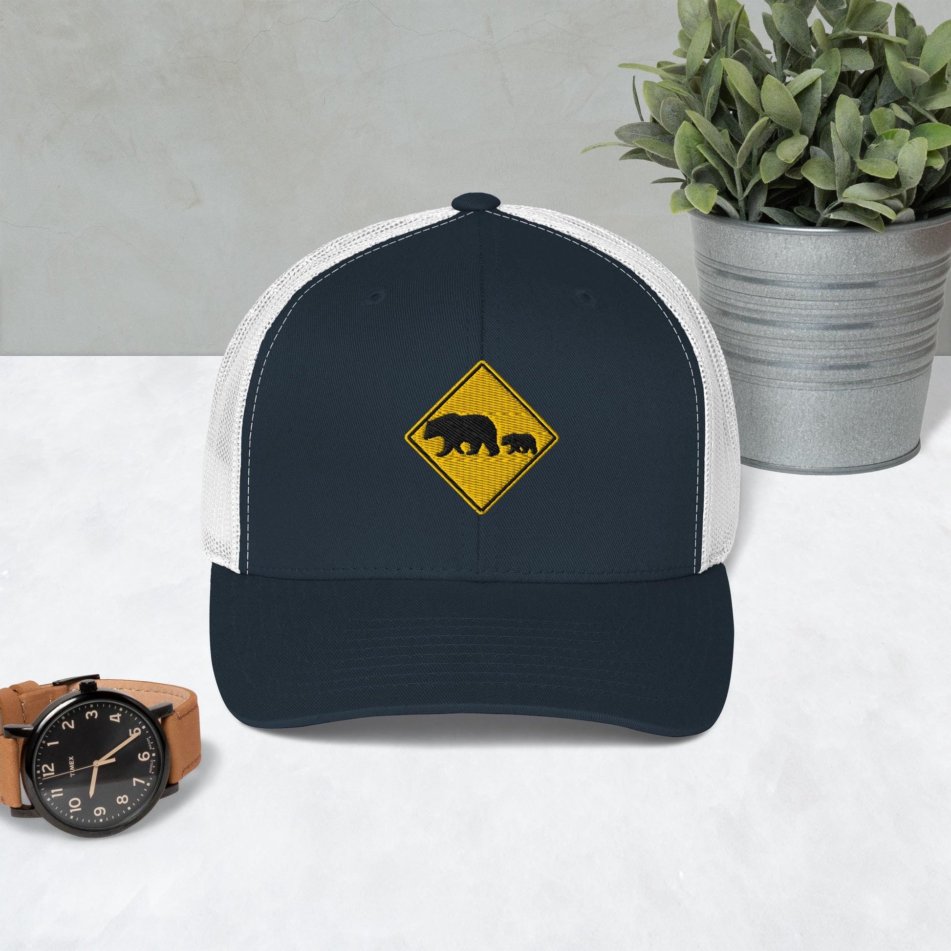 Bear Crossing Sign Embroidered Hat | Animal Print Retro Trucker Hat | Wildlife Lovers Gift | Gift For Bear Lovers and Nature Enthusiasts
