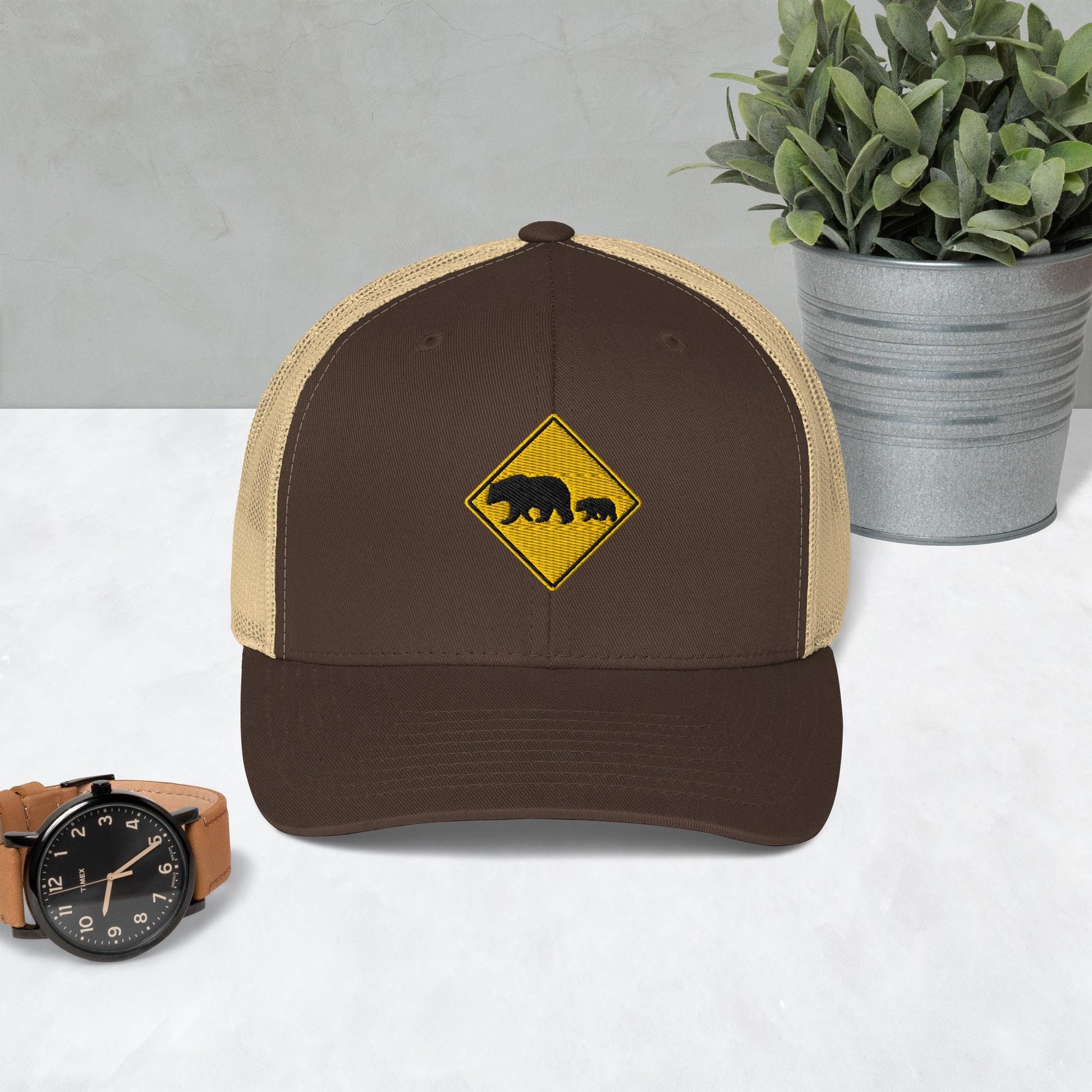 Bear Crossing Sign Embroidered Hat | Animal Print Retro Trucker Hat | Wildlife Lovers Gift | Gift For Bear Lovers and Nature Enthusiasts
