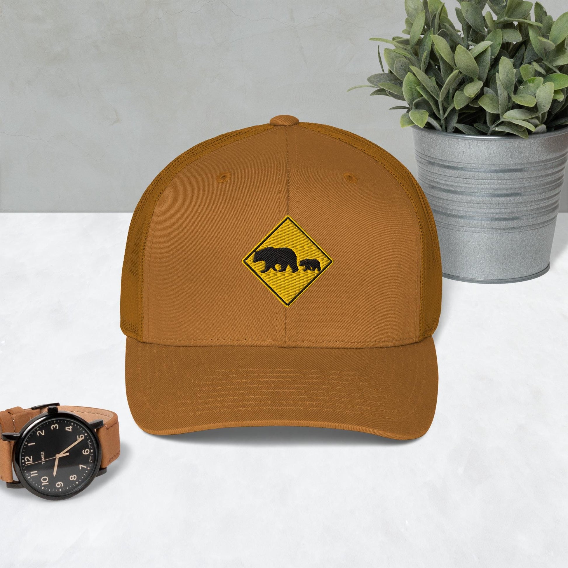 Bear Crossing Sign Embroidered Hat | Animal Print Retro Trucker Hat | Wildlife Lovers Gift | Gift For Bear Lovers and Nature Enthusiasts