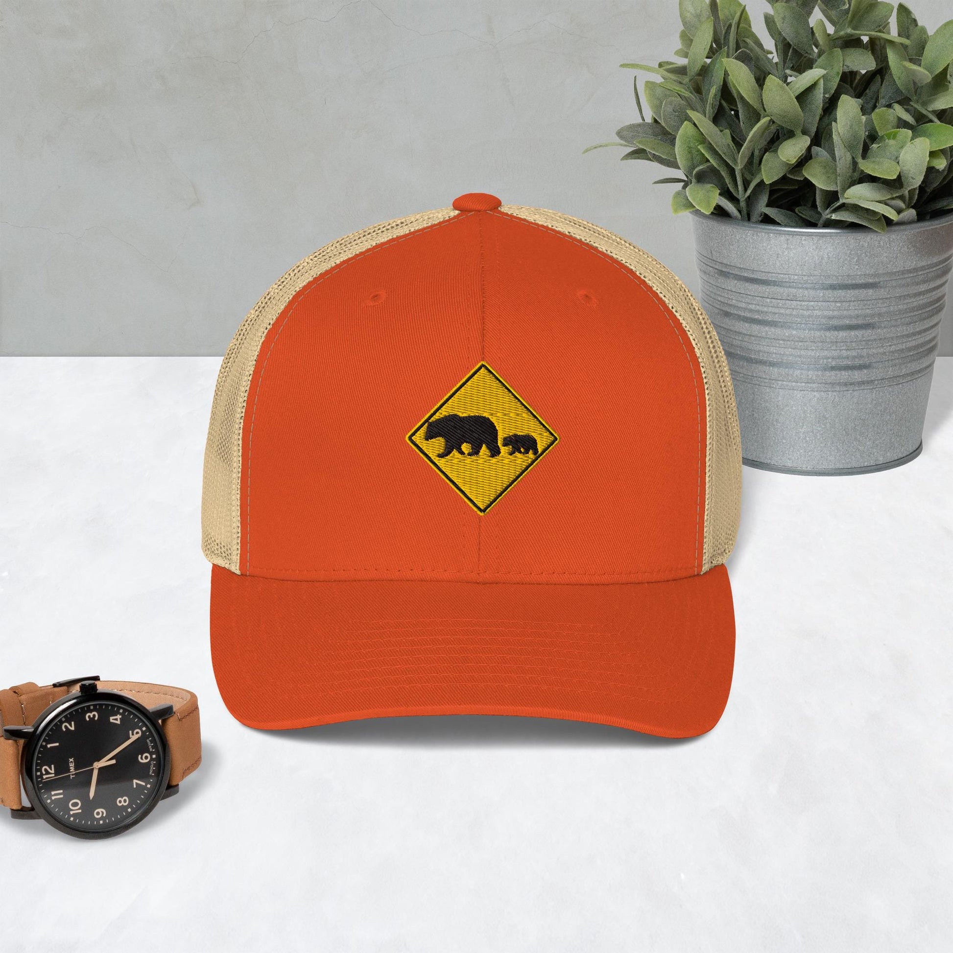 Bear Crossing Sign Embroidered Hat | Animal Print Retro Trucker Hat | Wildlife Lovers Gift | Gift For Bear Lovers and Nature Enthusiasts