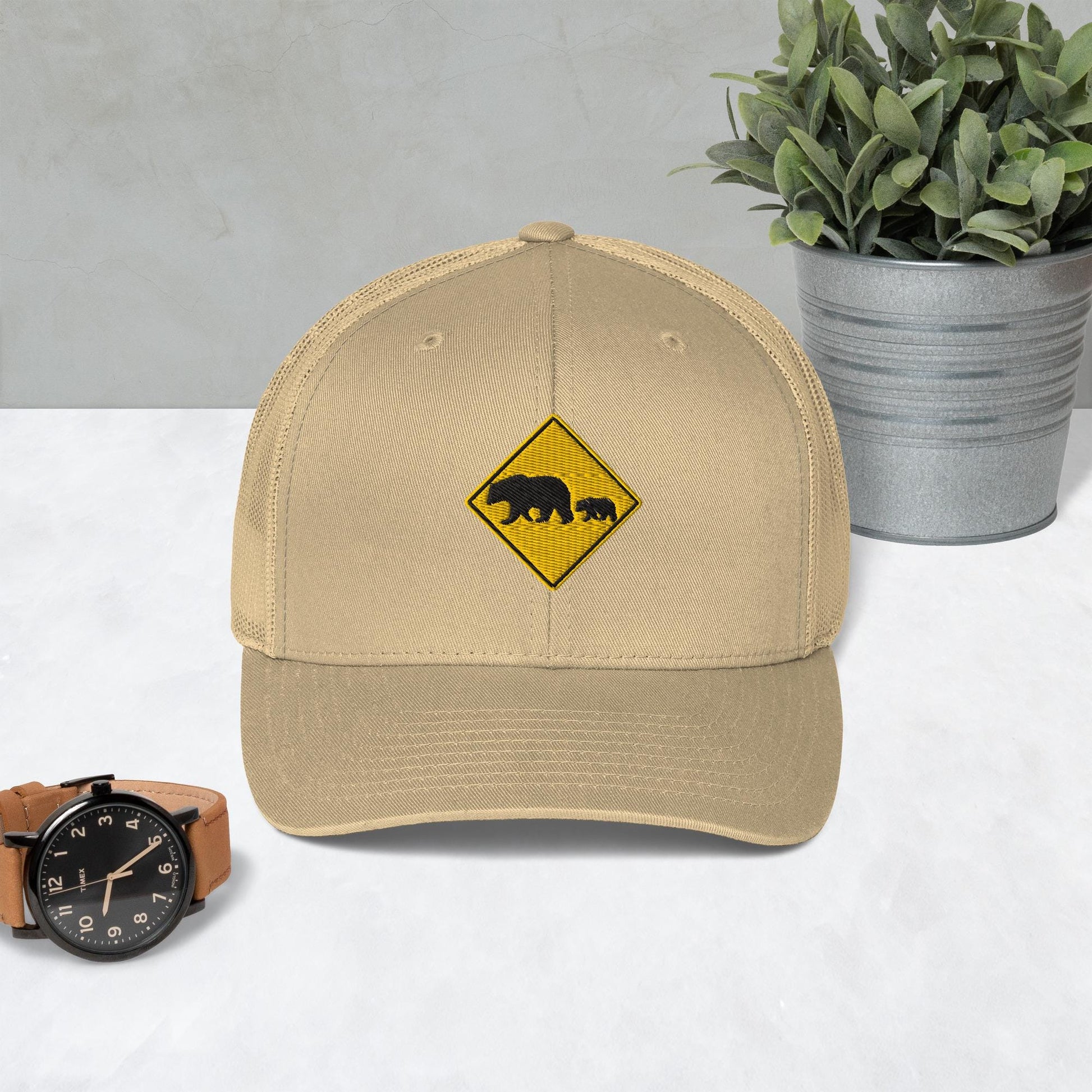Bear Crossing Sign Embroidered Hat | Animal Print Retro Trucker Hat | Wildlife Lovers Gift | Gift For Bear Lovers and Nature Enthusiasts