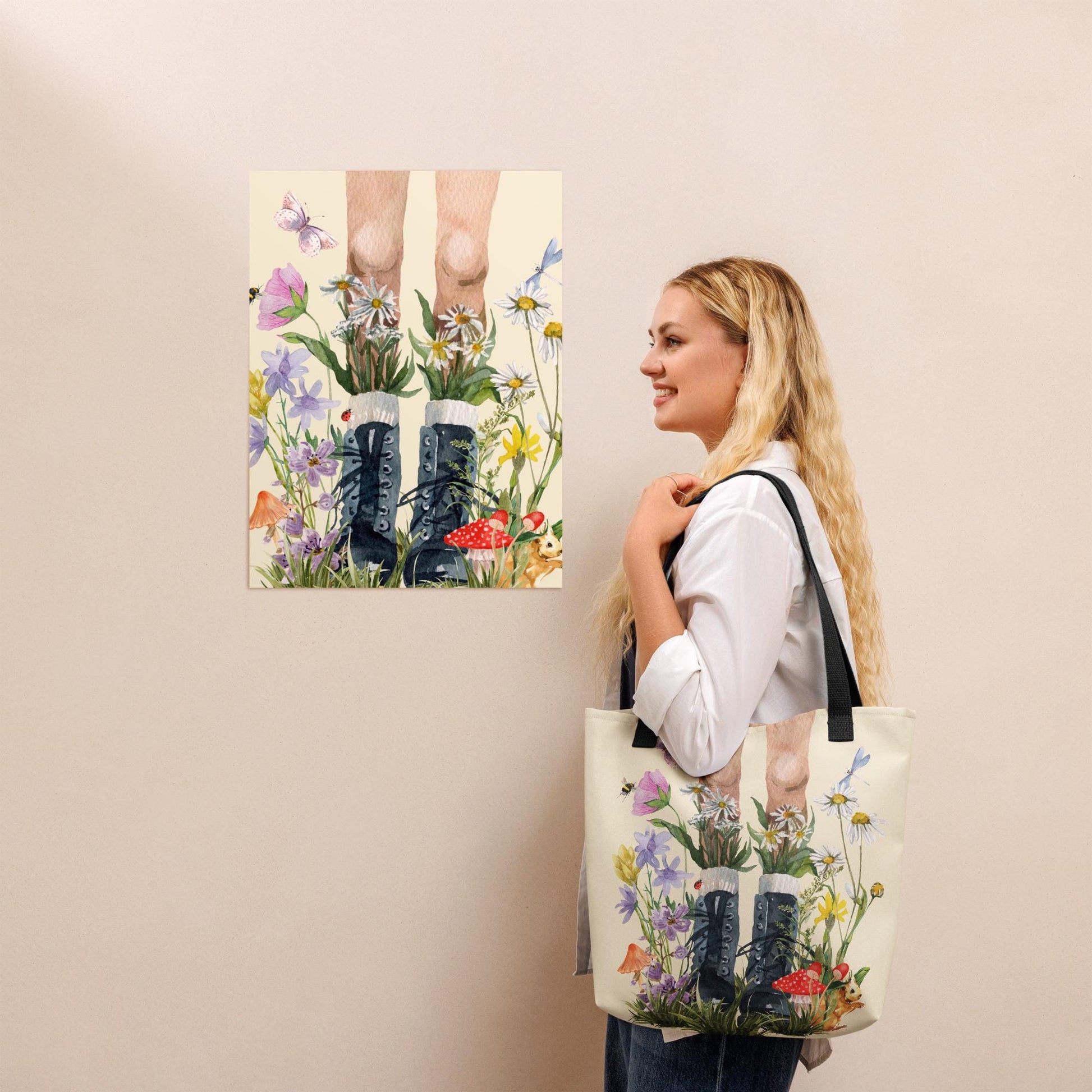 Flowers and Boots Tote Bag | Botanical Floral Tote | Cottagecore Shopping Bag | Gift for Nature Lovers | Spring Lovers Gift
