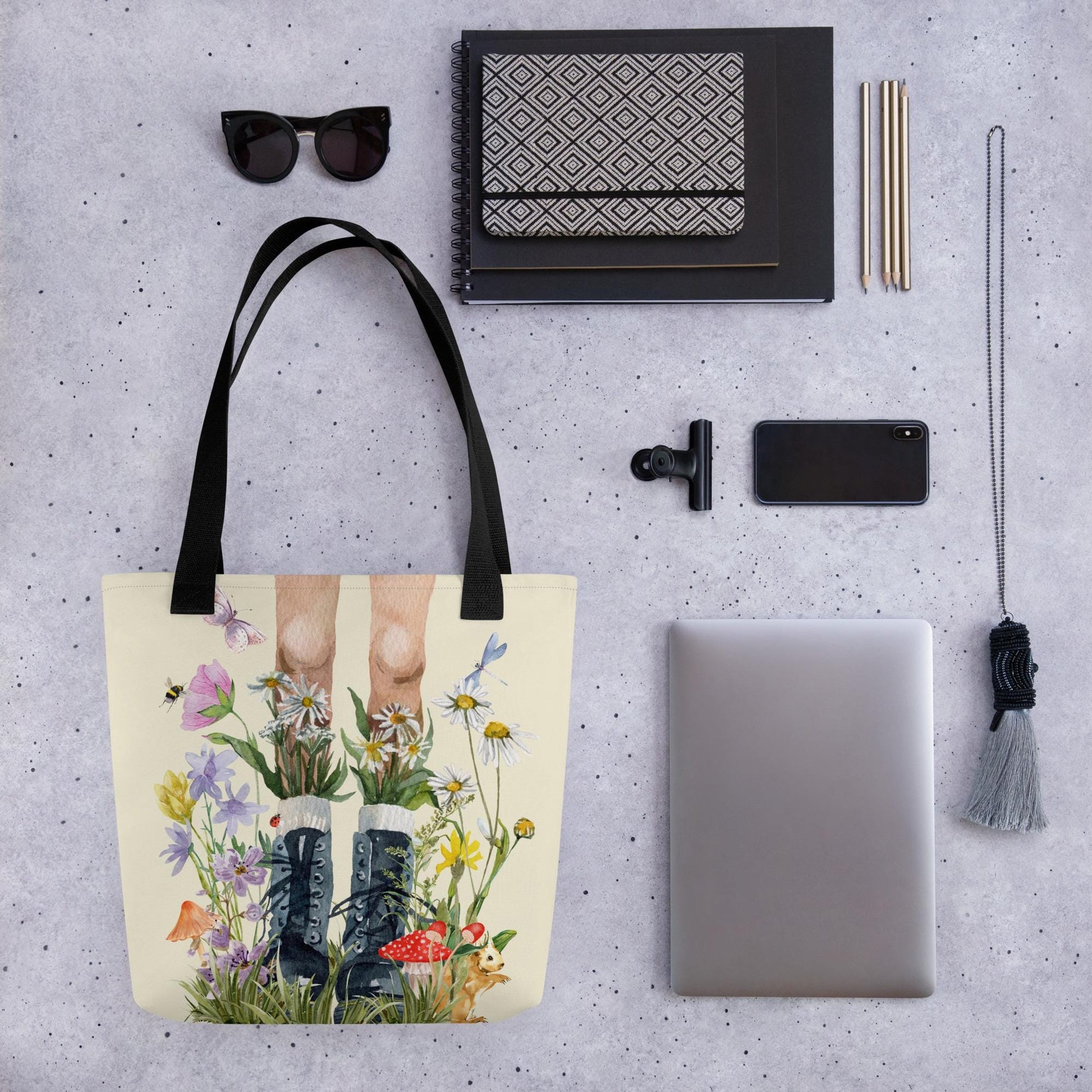 Flowers and Boots Tote Bag | Botanical Floral Tote | Cottagecore Shopping Bag | Gift for Nature Lovers | Spring Lovers Gift