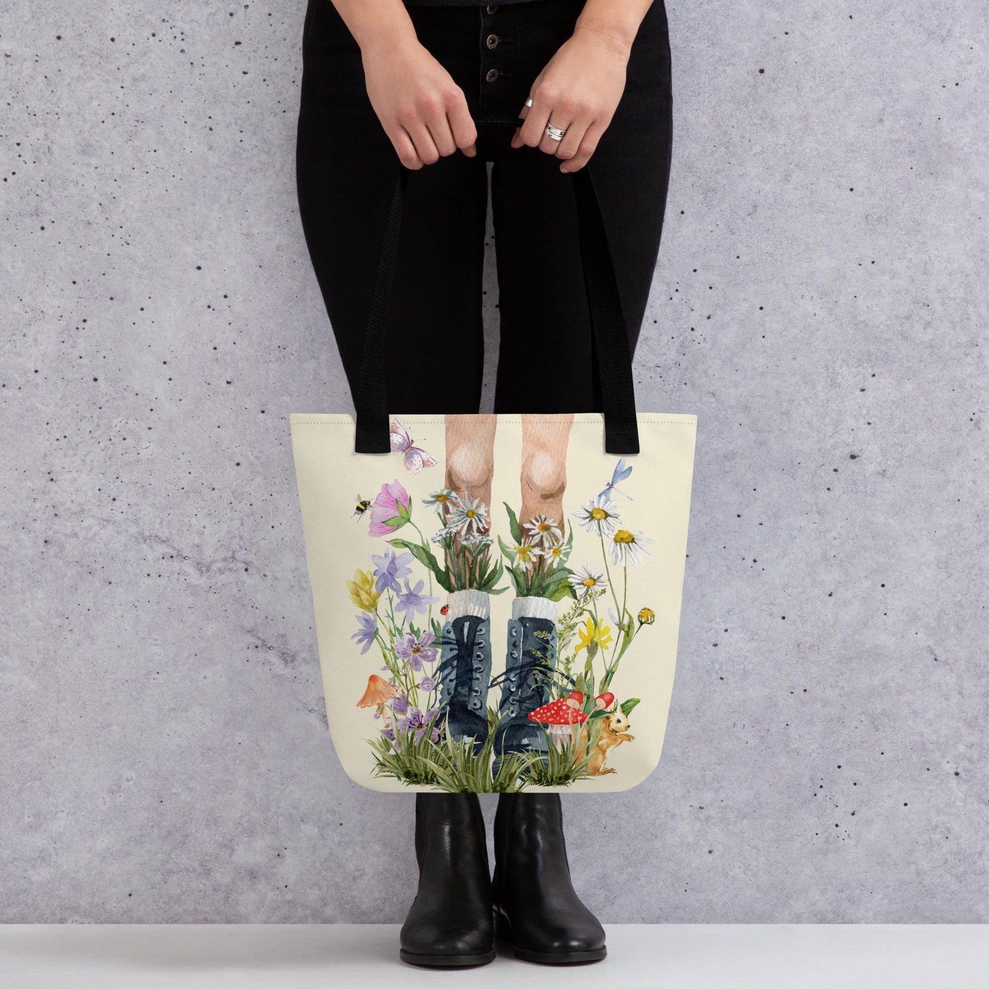 Flowers and Boots Tote Bag | Botanical Floral Tote | Cottagecore Shopping Bag | Gift for Nature Lovers | Spring Lovers Gift