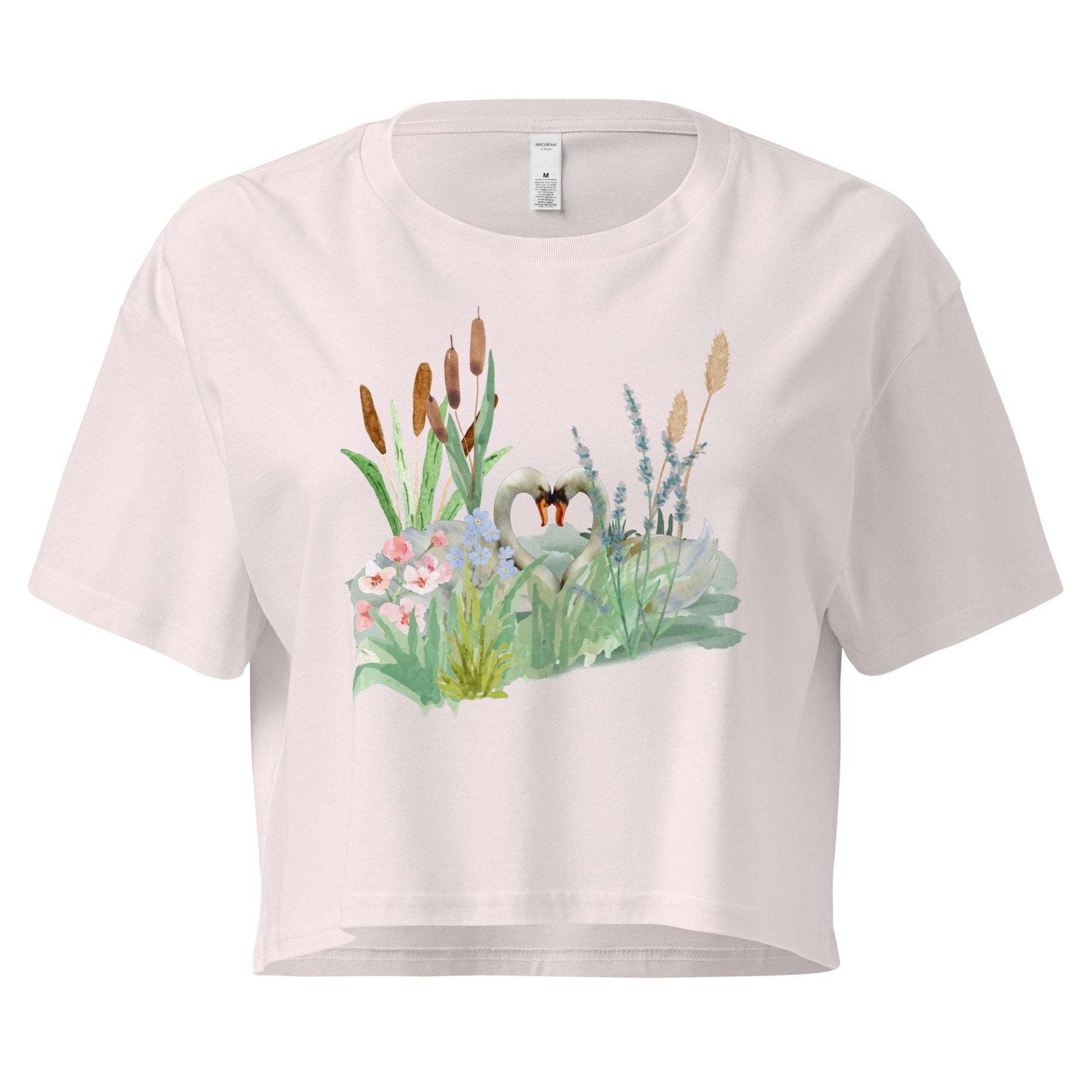 Swan Love Crop Tee | Cottagecore Crop Top | Floral Botanical T-Shirt | Nature and Love Motif | Valentine's Day Gift