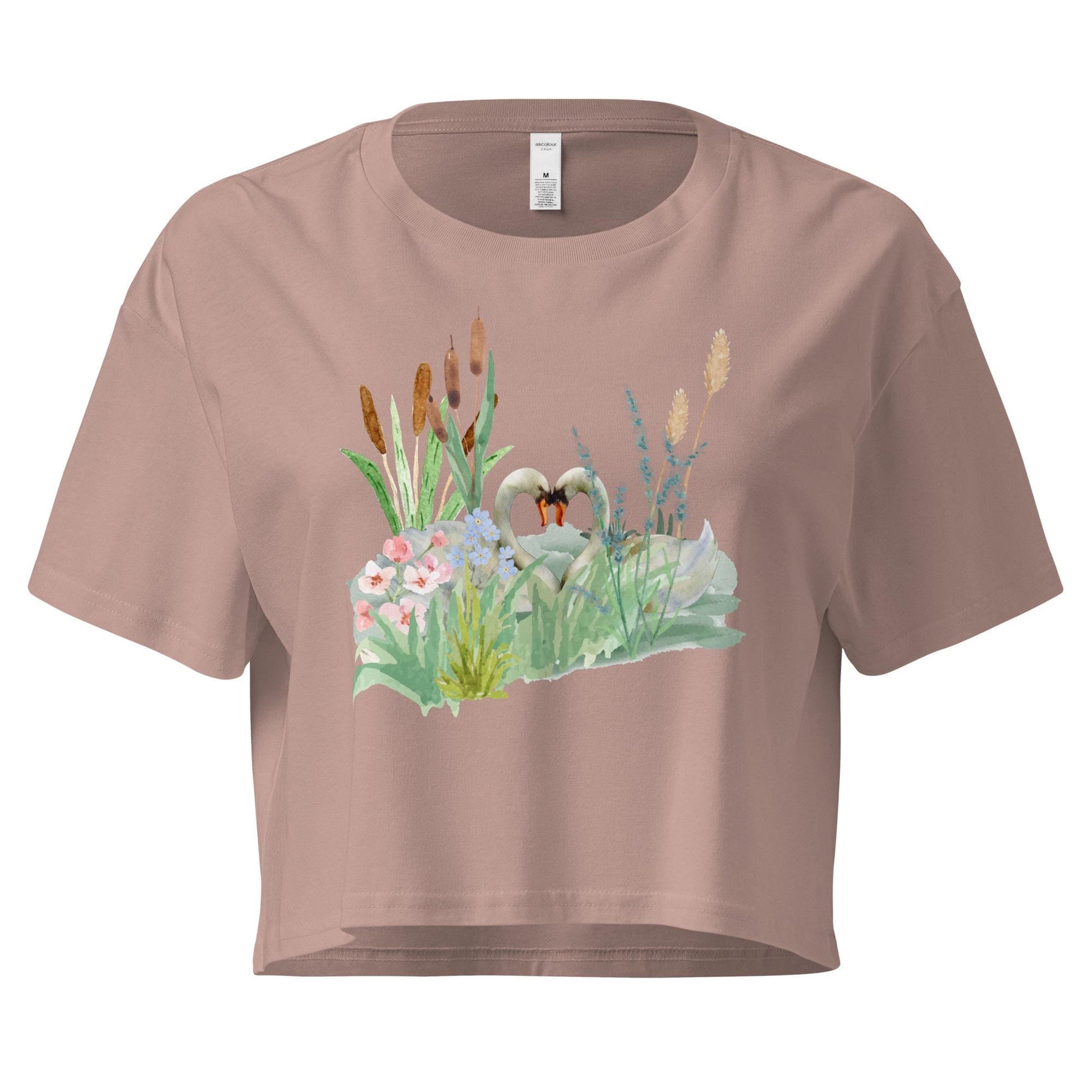 Swan Love Crop Tee | Cottagecore Crop Top | Floral Botanical T-Shirt | Nature and Love Motif | Valentine's Day Gift
