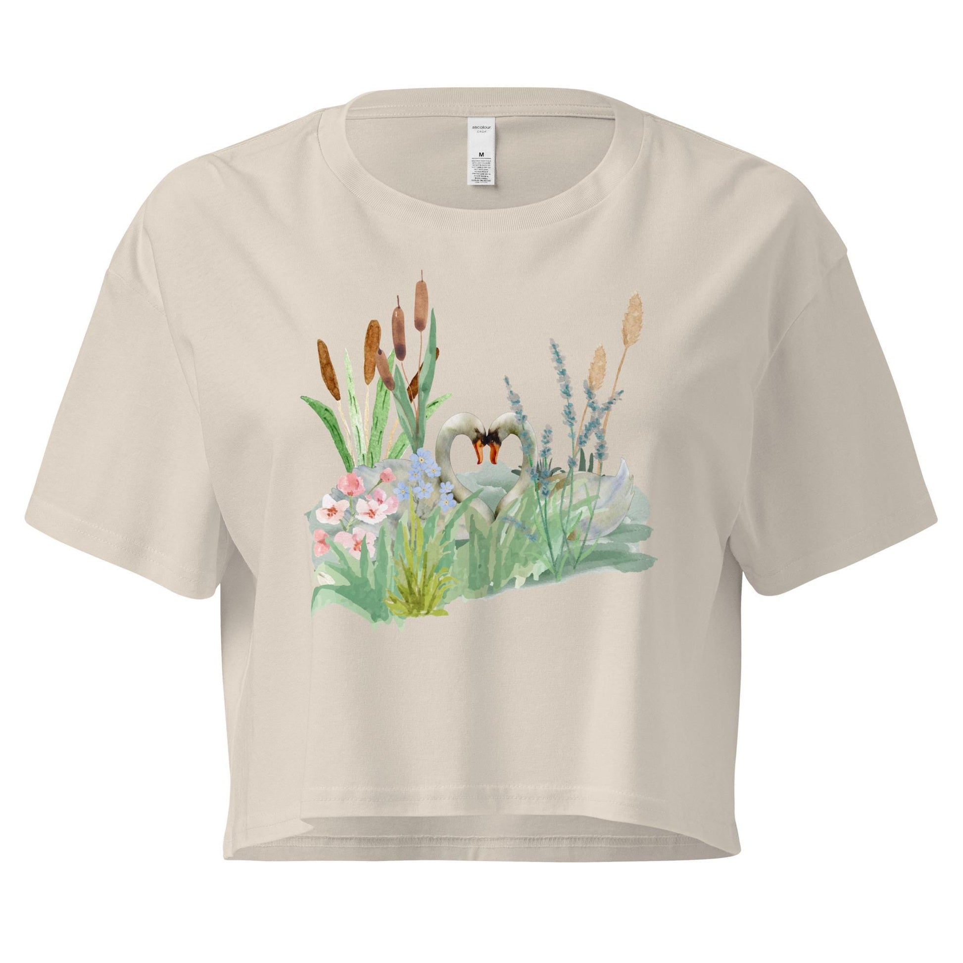 Swan Love Crop Tee | Cottagecore Crop Top | Floral Botanical T-Shirt | Nature and Love Motif | Valentine's Day Gift