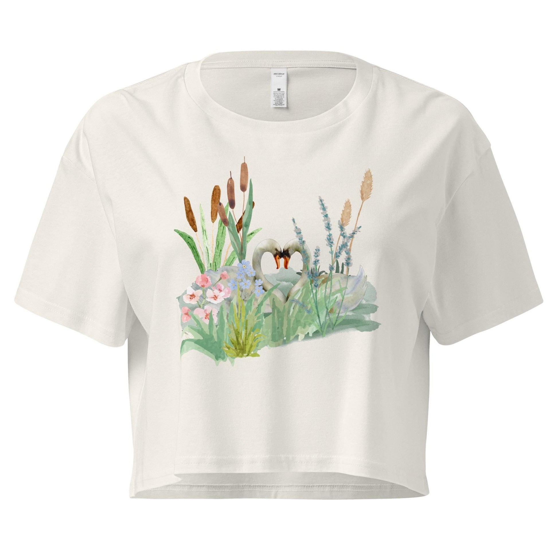 Swan Love Crop Tee | Cottagecore Crop Top | Floral Botanical T-Shirt | Nature and Love Motif | Valentine's Day Gift